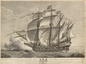 Diese Druckgrafik ist die genaue Darstellung des Kapitalschiffs Great Harry, gebaut in der Werft Seiner Majestät in Woolwich während der Herrschaft von König Heinrich VIII. im Jahr 1514