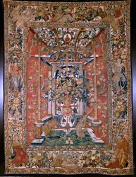 Flämischer Wandteppich. Serie Grotesken mit Affen: Affen schießen mit einer Arkebuse. Kartonzeichner Hans Vredeman de Vries (?). Atelier Seger Bombeck, Brüssel. 1542-1560.