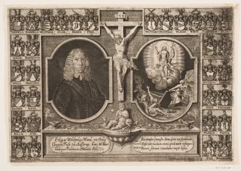 Gregers Friis til Ålstrup samt Christus am Kreuz und Christi Auferstehung. Umgeben von Wappenschildern