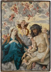 Christus als Schmerzensmann, von Maria und Engeln beweint