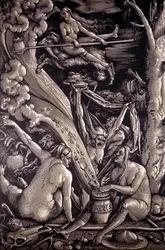Der Hexensabbat, gestochen von Hans Baldung Grien, deutschem Maler, Kupferstecher und Zeichner (1484-1545).