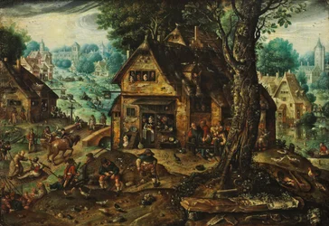 Dorfansicht mit zahlreichem Volk