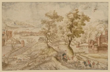 Hügelige Landschaft mit zwei Wasserburgen