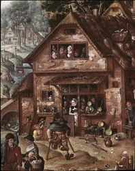 Ansicht des Dorfes mit burlesken Szenen. Detail der Taverne