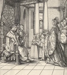 Der Weiße König empfängt seine Tochter Margarete und die Kinder von König Philipp, aus Der Weisskunig, 1514-16