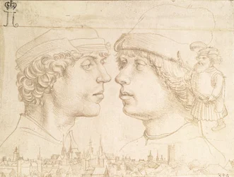 Porträts von zwei Jugendlichen, einem Zwerg und einer Stadtansicht, ca. 1514