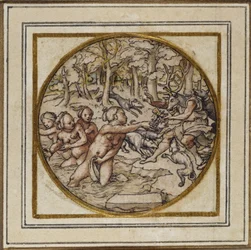 Diana und Actaeon - Entwurf für ein Anhänger oder Hutabzeichen, ca. 1532-43