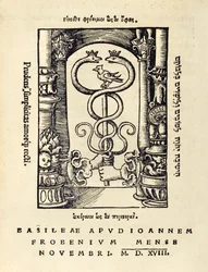 Druckermarke von Johann Frobens, zeigt zwei Hände, die den Hermesstab halten, aus der dritten Ausgabe von 