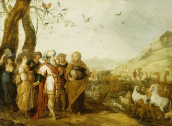 Noah und seine Familie vor dem Einsteigen in die Arche