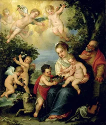 Die Heilige Familie mit Johannes dem Täufer und blumenverteilenden Engeln