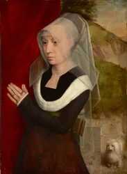 Betende Frau mit ihrem Hund, von Hans Memling (1433/40-1494). Öl auf Holz