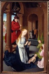Triptychon der Anbetung der Heiligen Drei Könige. Detail des linken Panels: Die Geburt Christi. Tempera auf Holz von Hans Memling (1433-1494), um 1470. Madrid, Prado Museum