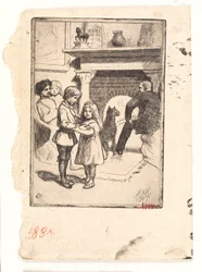 Neujahrskarte (Familie am Kamin)