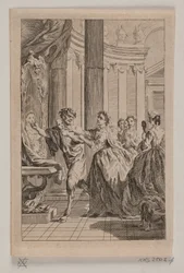 Faun mit einer Handmaske, verfolgt von einer Frau