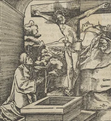 Ein Mann betet vor einem Kruzifix, aus Hymmelwagen auff dem, wer wol lebt..., 1517