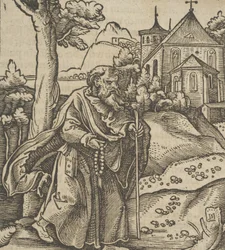 Ein alter Pilger, der nach rechts geht, aus Hymmelwagen auff dem, wer wol lebt..., 1517