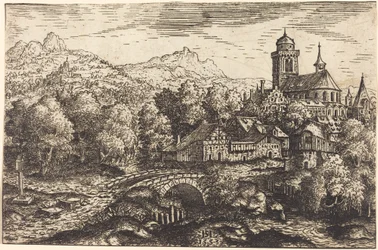 Gebirgige Landschaft mit einem Dorf, 1553