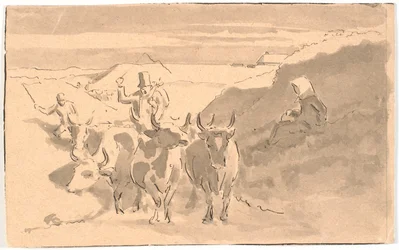 Eine Herde Ochsen in einem Hohlweg
