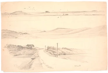 Studienblatt mit drei Landschaften aus Jütland. Oben: Landschaft mit Acker; Mitte: Landschaft mit hohen Hügeln; Unten: Landschaft mit Haus und Weg