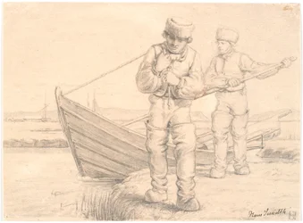 Zwei Limfjord-Fischer, die ein Boot ziehen