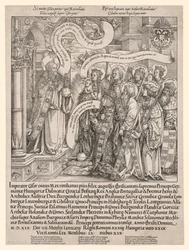 Der Kaiser Maximilian wird von seinen Schutzheiligen dem Allmächtigen vorgestellt, 1519