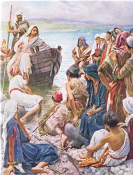 Christus predigt vom Boot, Illustration aus Harold Copping Bilder: Die Kronenserie, ca. 1920er Jahre