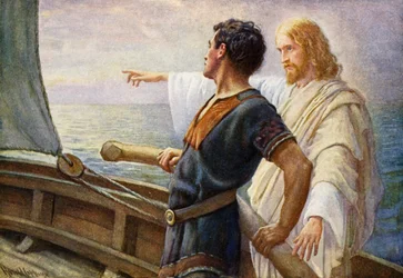 Lebenssonnenaufgang, Christus am Steuer (Farblithographie)