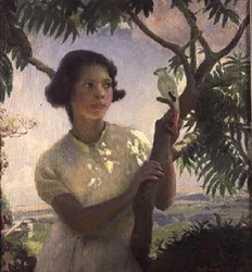 Mädchen mit einem Spielzeugpapagei