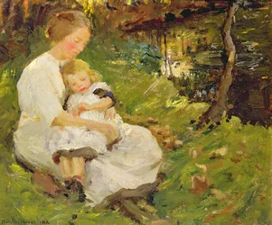 Mutter und Kind in einer bewaldeten Landschaft
