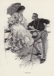 Ein Bauer macht eine Pause bei der Arbeit, um mit einer jungen Frau zu flirten