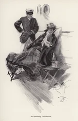 Kapitän an Bord eines Schiffes spricht mit einer genesenden Frau