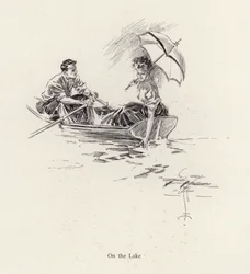 Mann und Frau in einem Ruderboot auf dem See