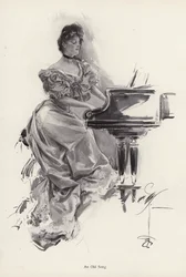 Frau spielt ein Lied auf einem Klavier (Lithografie)