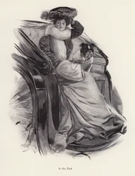 Frau sitzt mit ihrem Hund in einer Kutsche