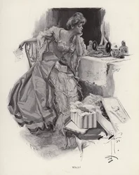 Junge Frau entscheidet sich zwischen zwei Verehrern (Lithografie)