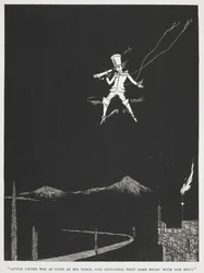 "Der kleine Däumling hielt sein Wort und kehrte noch in derselben Nacht mit den Nachrichten zurück." Ein Bote fliegt durch den Nachthimmel. Illustration für die Geschichte "der kleine Däumling."