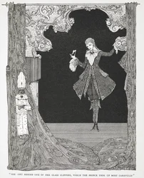 "Sie ließ einen ihrer Glasschuhe zurück, den der Prinz sehr sorgfältig aufhob." Illustration zur Geschichte 