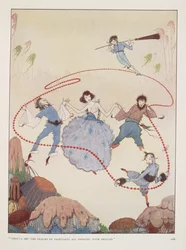 "Sie werden das Reich der Feen zum Tanzen bringen". Illustration für Alms im Herbst von Rose Fyleman. Figuren tanzen in der Luft.