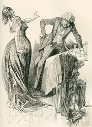 Edith und Mr. Carker. "Er kam fröhlich auf sie zu, als sie im nächsten Moment das Messer vom Tisch aufhob und einen Schritt zurücktrat. "Bleib stehen," sagte sie, "oder ich werde dich ermorden!" Illustration von Harry Furniss für den Charles Dickens Roman