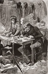 Der Bettelbriefschreiber. Illustration von Harry Furniss für den Charles Dickens Roman Große Erwartungen, aus der Testimonial Edition, veröffentlicht 1910.
