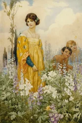 Eine junge Maid mit Pan und Amor, in einem wilden Garten