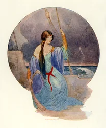 "Endlich, als ein lebendiger Blitzschlag das ganze Schiff in blaue Flammen hüllte, verstummte das Lied plötzlich"