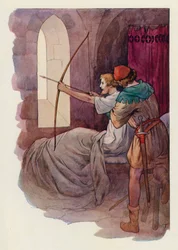 Robin, der im Bett saß, schoss den Pfeil in den Wald jenseits der Abteimauer