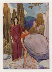 Theseus hebt den großen Felsen, unter dem das Schwert und die Sandalen lagen
