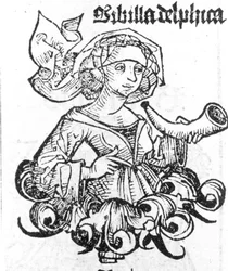 Darstellung der Pythia von Delphi. Xylographie aus „Liber chronicarum“ von Hartmann Schedel, Nürnberg 1497
