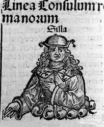 Darstellung des römischen Politikers Lucius Cornelius Sulla (Silla oder Sylla) (138-68 v. Chr.) Holzschnitt aus „Chronicles of Nuremberg“ von Hartmann Schedel