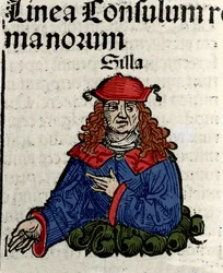 Darstellung des römischen Politikers Lucius Cornelius Sulla (Silla oder Sylla) (138-68 v. Chr.) Xylographie aus den „Chroniken von Nürnberg“ von Hartmann Schedel
