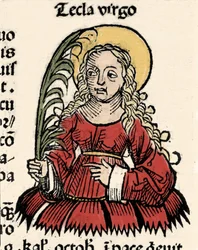Darstellung der Jungfrau und des Martyriums der Thekla von Ikonium (Santa Tecla) Holzschnitt aus „Chronicles of Nuremberg“ von Hartmann Schedel