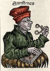 Der griechische Philosoph Antisthenes (444-365 v. Chr.). Xylographie aus den „Chroniken von Nürnberg“ von Hartmann Schedel