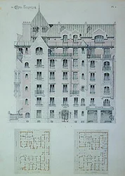 Die Fassade und der Grundriss von 